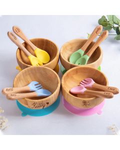 Personalised Bamboo Kids Utensils Baby Spoon Detachable Suction Base Custom Engraved Cutlery Dining Set