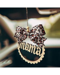Mama Car Charm Scalloped Wooden Car Charm with Leopard Bow