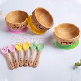 Personalised Bamboo Kids Utensils Baby Spoon Detachable Suction Base Custom Engraved Cutlery Dining Set